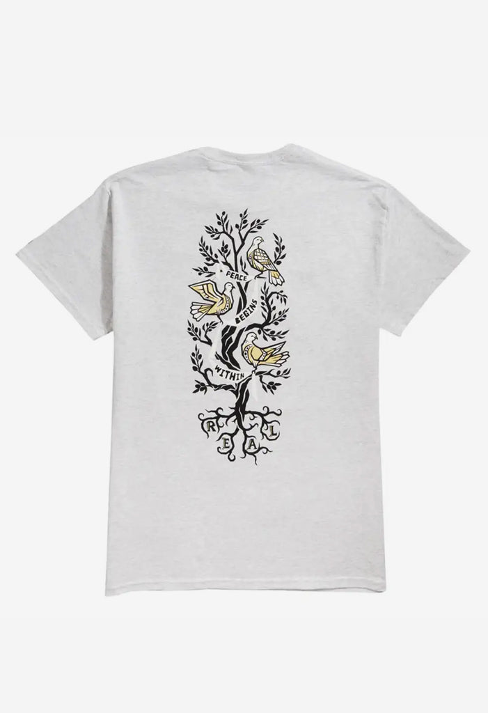 Real Peace Tree T-Shirt. Colour Ash, drawing of pigeons and tree 