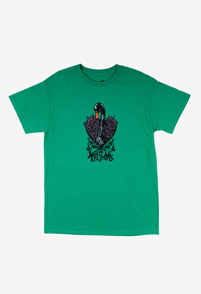 Plastisol prints on 6 oz 100% cotton tee.  Imported tee screen printed in California. Green colour with swan head in black and purple 
