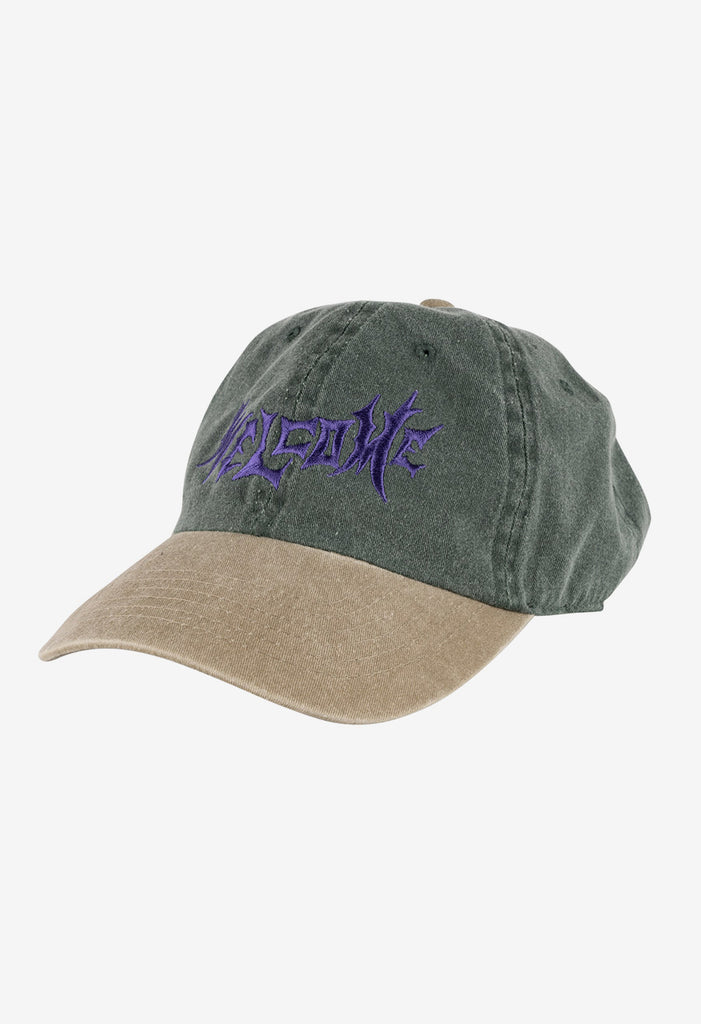 Unstructured 6-panel stone-washed hat with slider closure.  Chiroptera logo embroidery. Beige and army green front of the cap